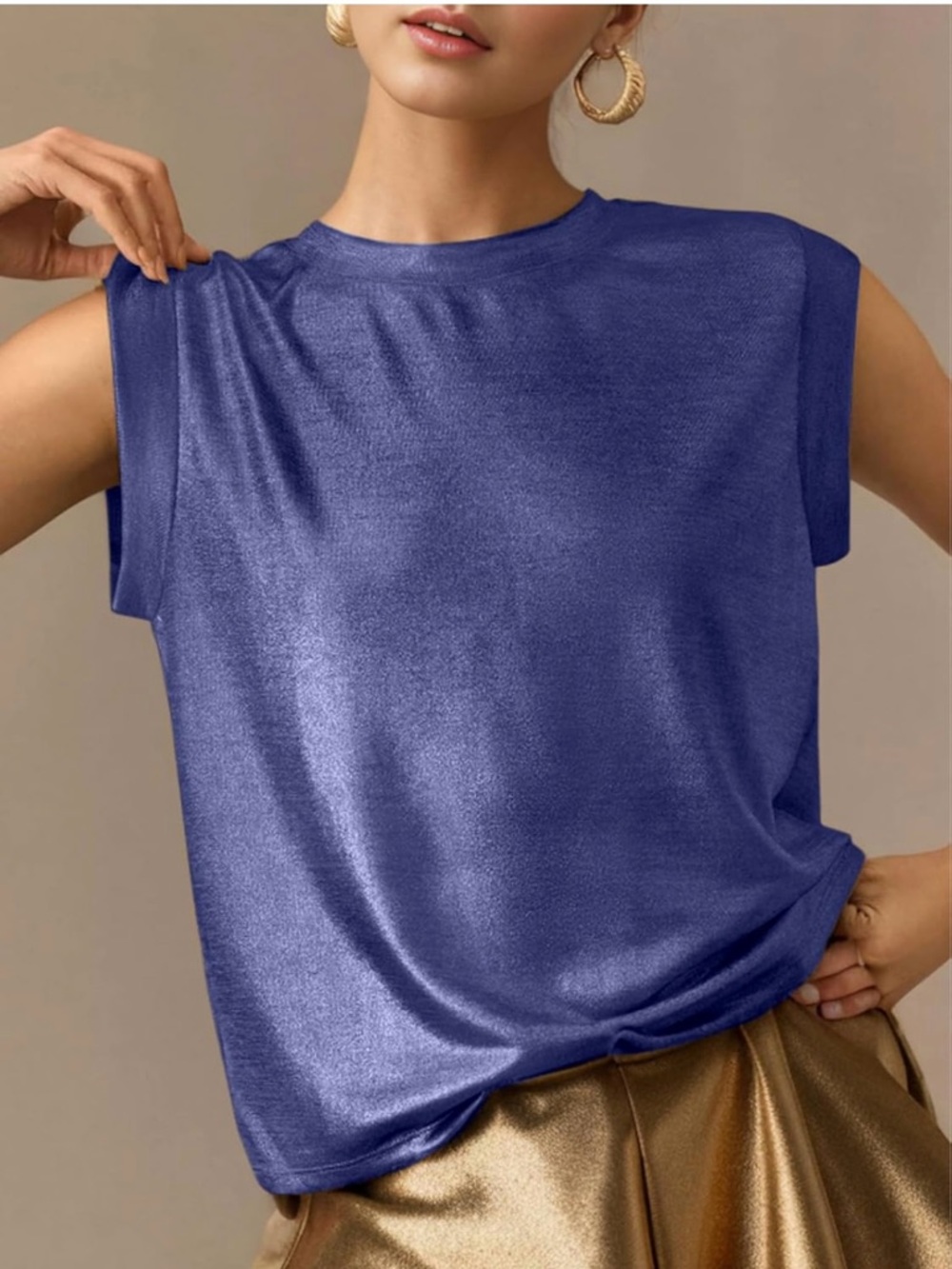 Metallic Royal Blue Sleeveless Tank Top - Women's Crewneck